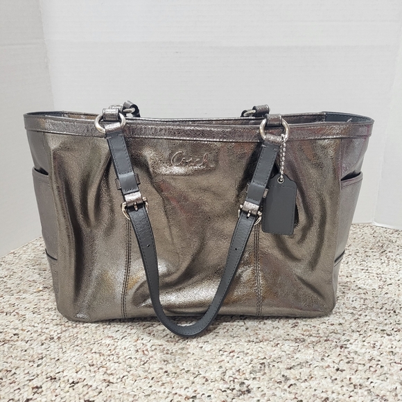 Coach Handbags - Coach Metallic Silver Gray Leather Handbag Zipper Tote Shoulder Bag